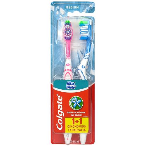 Colgate Max White Medium Toothbrush Μέτρια Οδοντόβουρτσα για Ολοκληρωμένο Καθαρισμό & Απομάκρυνση των Χρωματικών Λεκέδων 2 Τεμάχια - Ροζ / Μπλε
